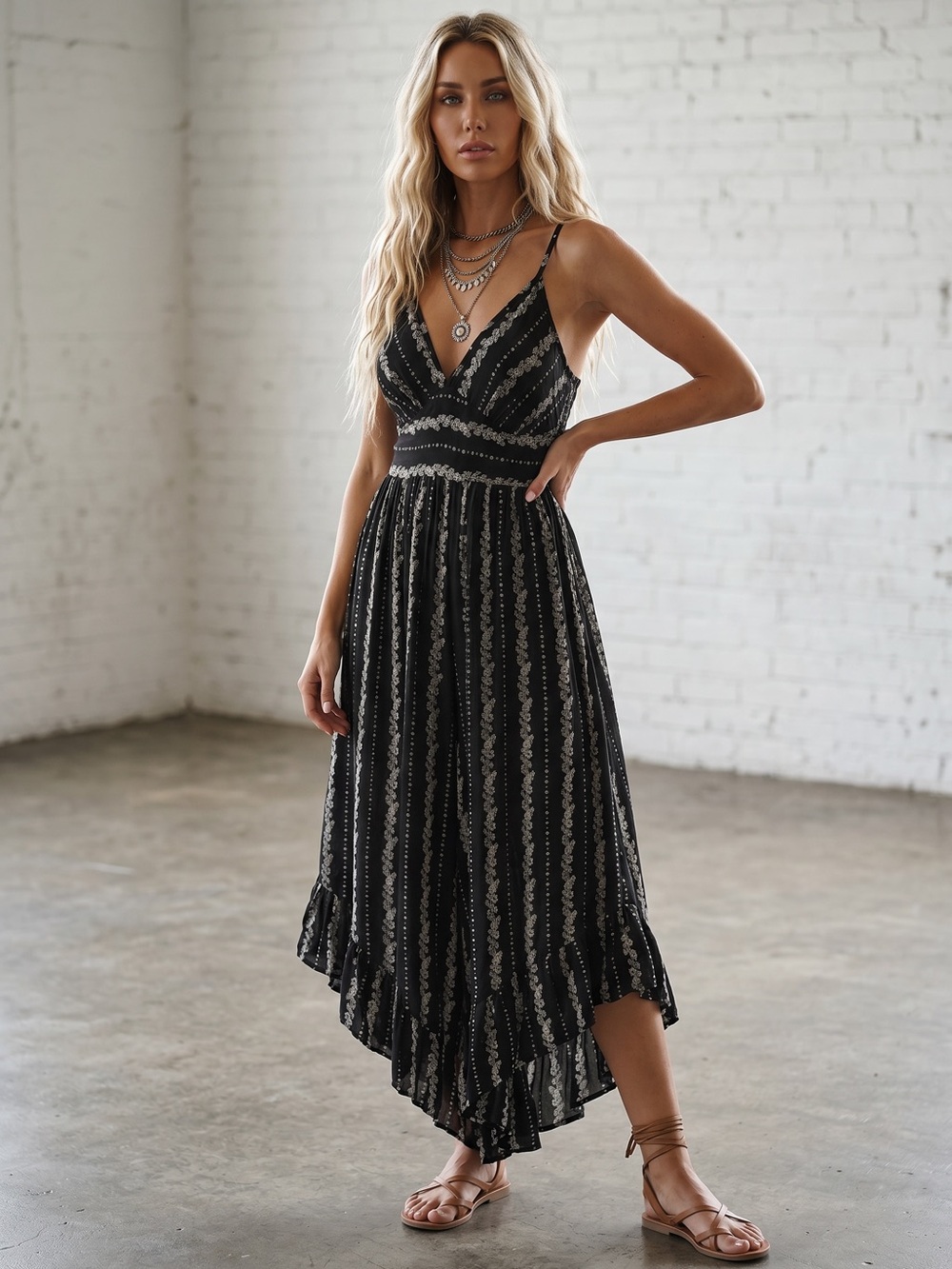 Angie Boho Floral Print Ruffle Asymmetrical Gypsy Festival Jumper Jumpsuit Black - Picture 2 of 6